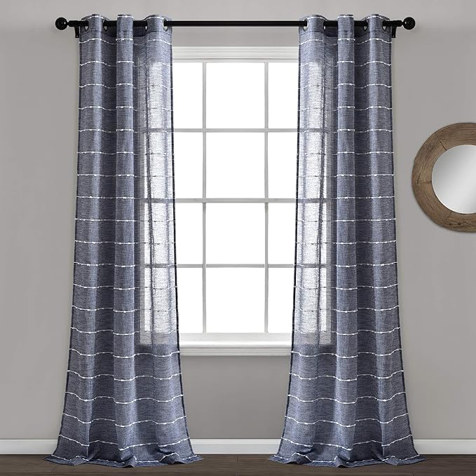 Lush Decor Farmhouse Textured Grommet Sheer Window Curtain Panel Pair, 38"W x 108"L, Navy