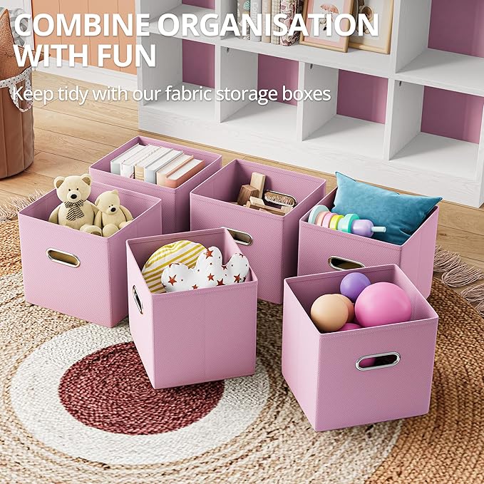 IRONCK Toy Storage Organizer with 6 Bins, Wooden 4-Tier Floor Standing Open Bookshelf Storage Cubby, 12-Cube Storage Shelf Bookcase, Kids Bookshelf and Toy Storage, Pink