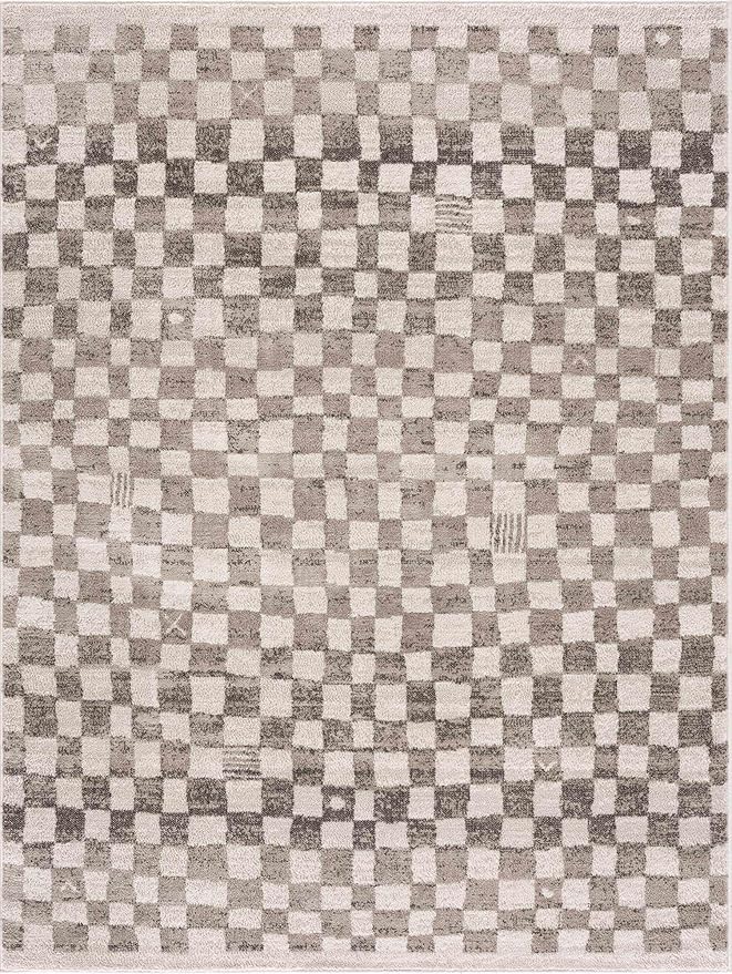 Hauteloom Pertek Modern Checkered Area Rug - Modern Geometric Carpet for Living Room, Kids Room, Nursery - Bohemian Boho Carpet - Brown, Beige, Cream - 7'10" x 10'