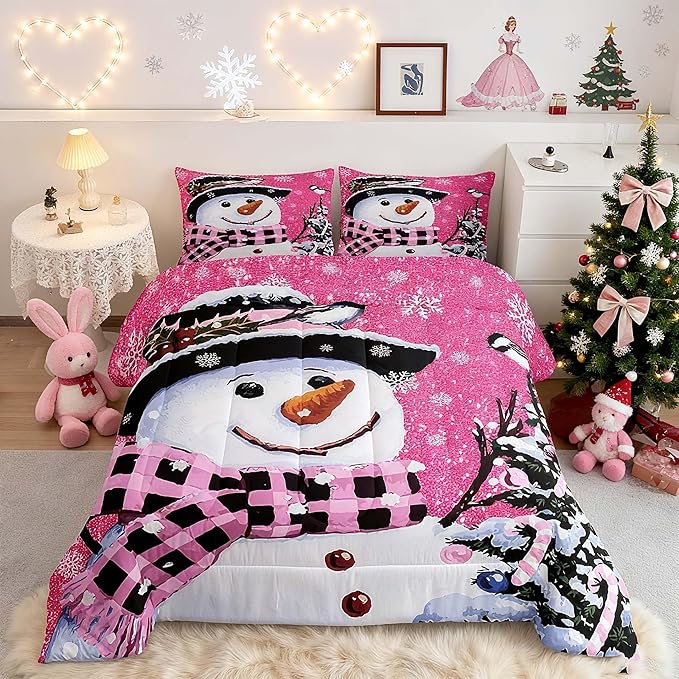 Feelyou Kids Christmas Theme Decorations Bedding Set Xmas Snowman Comforter Set for Boys Girls Snowflake Kawaii Cute Hot Red Bedroom Collection Twin Size
