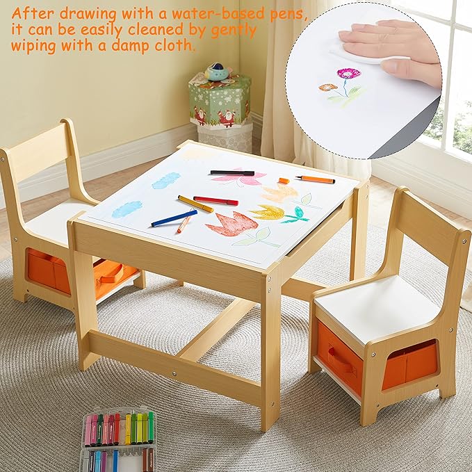 Kids Table and Chair Set, 3 in 1 Wooden Activity Table with Storage Drawer for Toddlers Drawing, Reading, Crafts, 2 in 1 Detachable Tabletop Table Set for Nursery, Playroom (Natural)