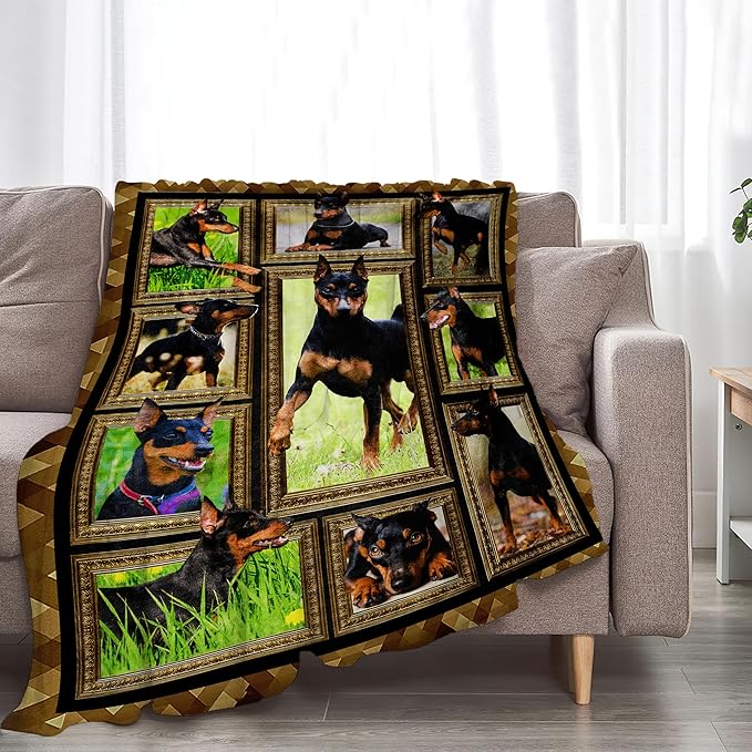 Cute Doberman Blanket for Girls Boys Doberman Pinscher Dog Throw Blankets Soft Cozy Warm Fuzzy Fleece Funny Puppy Bedding Flannel Throws Stuffed Animal Gifts for Kids Men Women Bedroom Decor 80"x60"