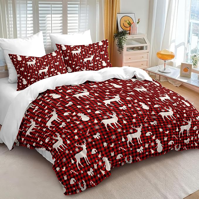 Christmas Duvet Cover Queen Size Red Gingham Christmas Bedding Set 3 Pcs Kids Boys Girls Xmas Black Plaid Bow Pattern Comforter Cover with Zipper Closure