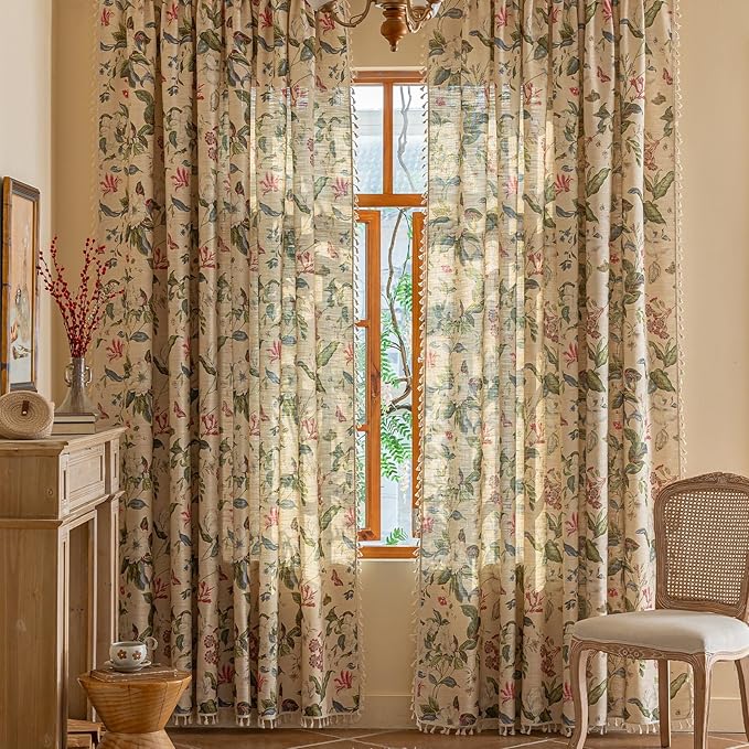 ENJOYBRIDAL Floral Curtains 63 Inch Long Living Room Boho Drapes Short Bedroom 2 Panels Semi Sheer Window Curtain Panels Vintage Rod Pocket Tassel Farmhouse Nursery Window Treatments