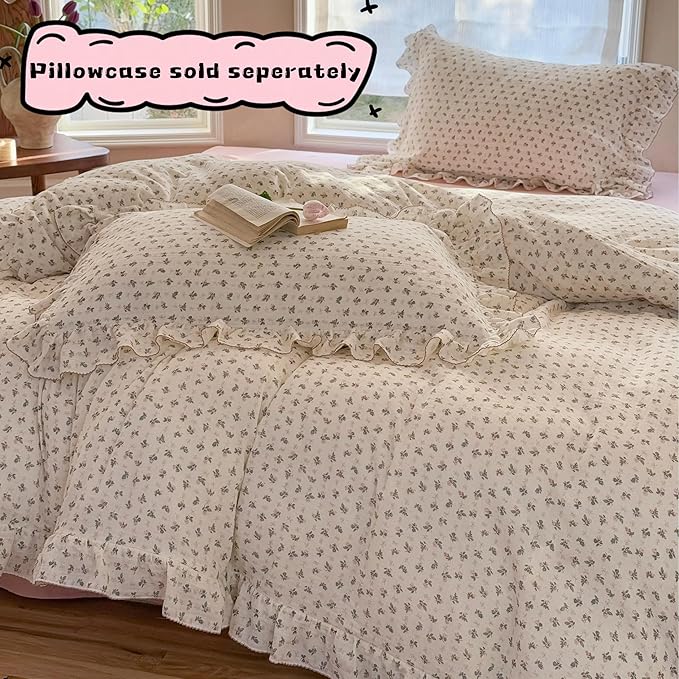 BuLuTu Vintage Bellflower Print Duvet Cover for King Bed, Soft Lightweight Muslin Cotton Bedding Quilt Cover 90"x104", Floral Ruffled Comforter Cover Zipper Closure, 4 Ties, No Pillow