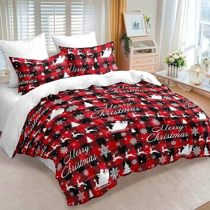Christmas Duvet Cover Queen Size Red Black Gingham Bedding Set 3 Pcs Kids Boys Girls Christmas Deer Pattern Soft Warm Comforter Cover with Zipper Closure