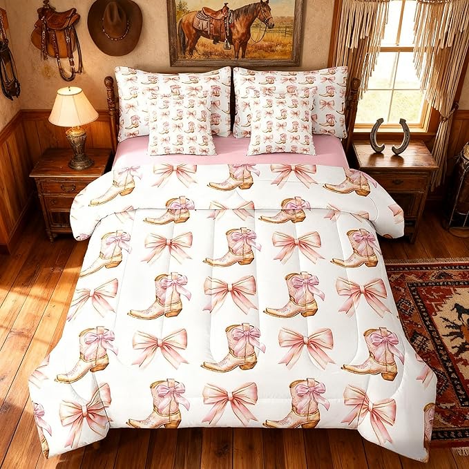 7 Pieces Western Cowgirl Comforter Set Queen,Pink Bowknot Cowgirl Boots Rustic Farmhouse Bedding Set,Bow Tie Geometric Patchwork Golden（Comforter+Fitted+Flat Sheet+2 Pillowcases+2 Throw Pillow Covers）