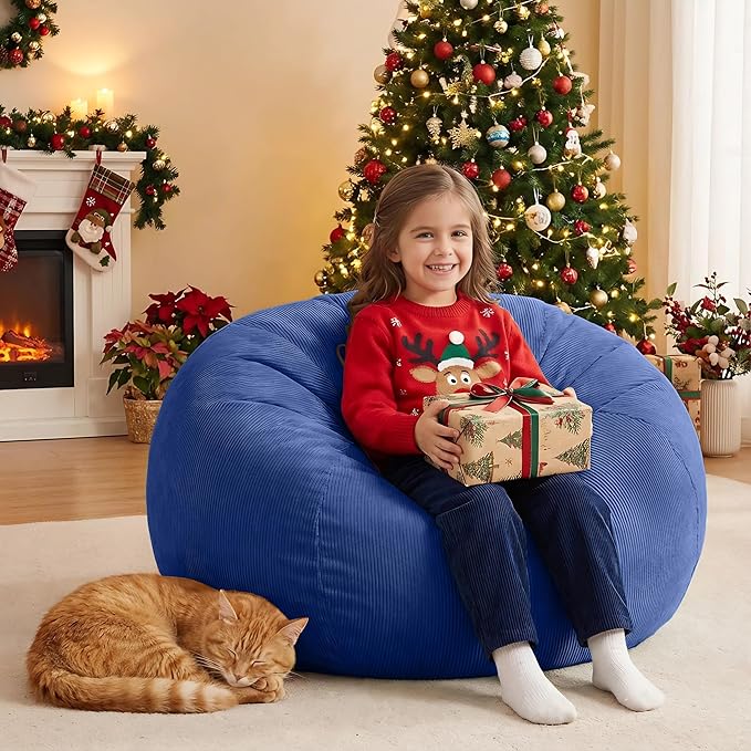 Nobildonna Bean Bag Chair Cover (No Filler) for Kids and Adults,Beanbag Stuffed Animal Storage Without Filling Plush Toys Holder and Organizer Soft Premium Corduroy 200L (Dark Blue)