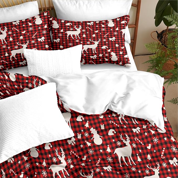 Christmas Duvet Cover Full Size Red Gingham Christmas Bedding Set 3 Pcs Kids Boys Girls Xmas Black Plaid Bow Pattern Comforter Cover with Zipper Closure (No Comforter)