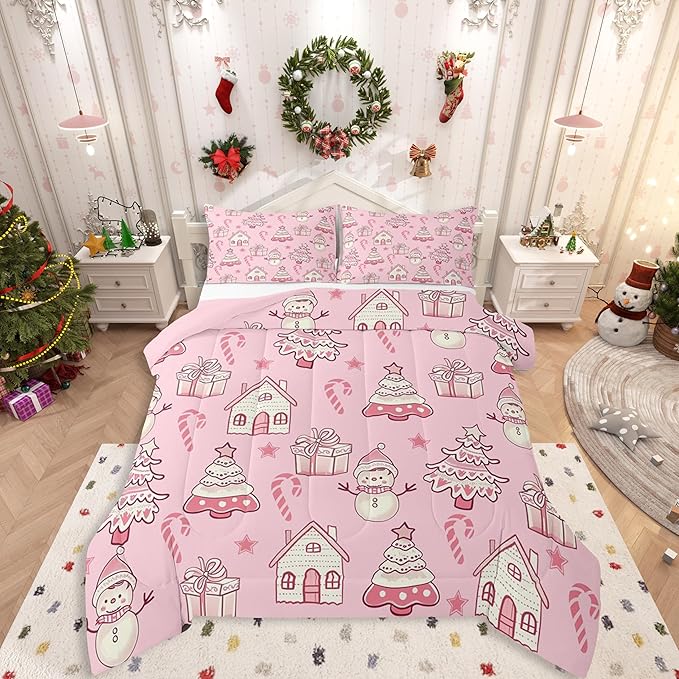 Feelyou Pink Christmas Comforter Set King Size Xmas Tree Snowman Bedding Set for Kids Boys Girls Star Gift Duvet Quilt Candy Cane Bedroom Decor Microfiber 3 Pcs with 2 Pillow Cases