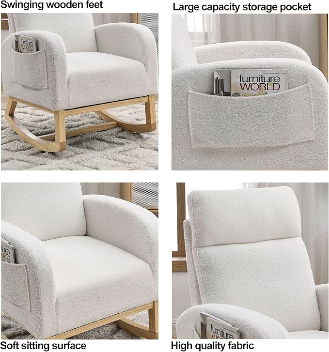 Dolonm Rocking Chair Mid-Century Modern Nursery Rocking Armchair Upholstered Tall Back Accent Glider Rocker for Living Room (White,Teddy)