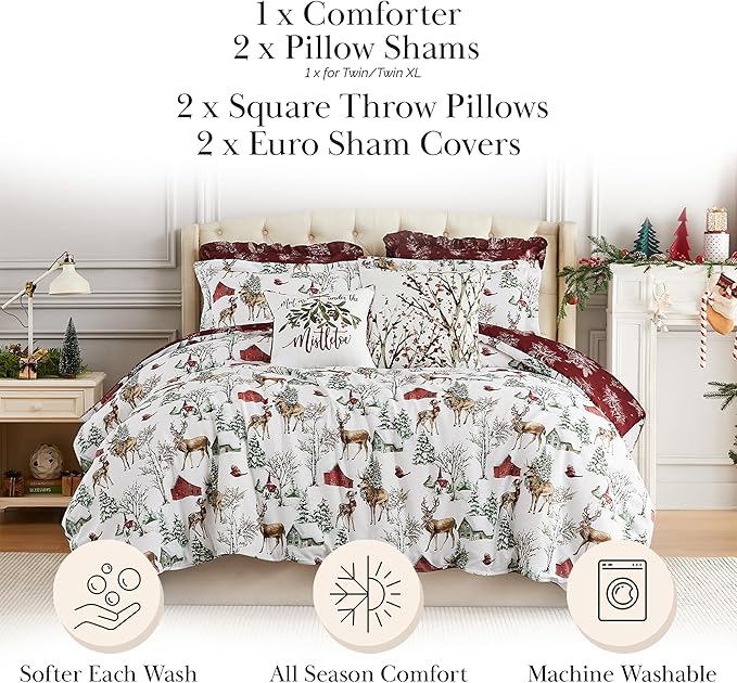 Southshore Fine Living, Inc. 5-Piece Reversible Christmas Comforter Set Twin/XL, Oversized Twin Christmas Bedding, Holiday Bedding, Winter Comforter, 2 Throw Pillows, 2 Shams - White Christmas
