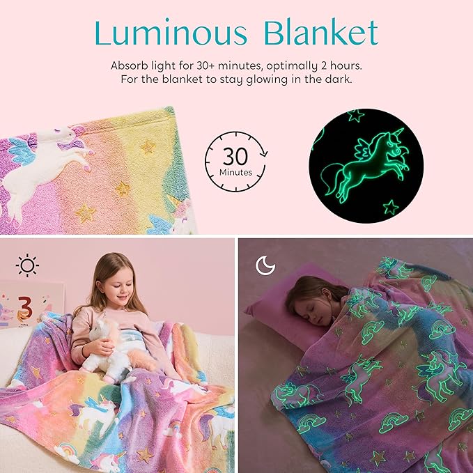 Joiedomi Glow in The Dark Blanket Unicorn Toys for Girls Age 2 3 4 5 6 7 8 9 10 11 12 Year Old Girl Gifts, Soft Cozy Flannel Kids Throw Blanket, Birthday Bedroom Decor 40"×60"