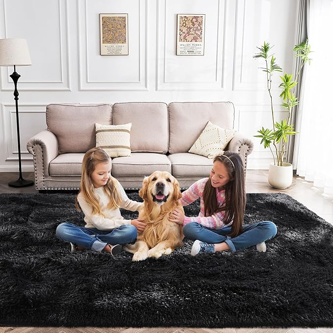 Fluffy Rug Washable 2x3 Feet, Pure Black Desk Chair Rug Non-Slip, Super Soft Kids Rug for Boys Nursery Dorm Decor