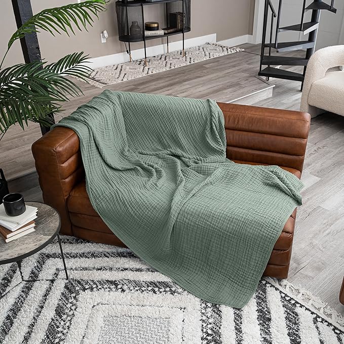 Comfy Cubs Muslin Blanket for Adults Twin 90" x 66" - 6 Layer Soft, Breathable & Lightweight Muslin Adult Blanket - Machine Washable & Designed in The US Bedding for All Seasons - Fern