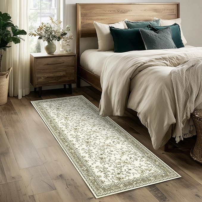 Greyish Beige Runner Rugs 2x6 for Hallway Kitchen Bedroom Beside Laundry Room Bathroom Rug Boho Modern Washable Non Slip Low Pile Stain ResisTaupet Soft Long Carpet Mat Khaki Taupe Floral Pattern