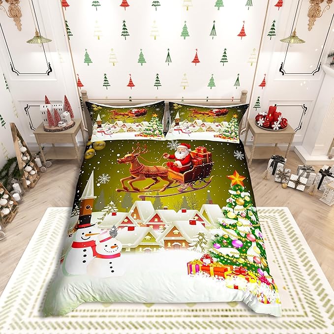 Manfei Christmas Duvet Cover Set Queen Size, Xmas Tree Snowman Comforter Cover with 2 Pillowcases, Santa Claus with Deer Bedding Set for Kids Boys Girls New Year Theme Bedspread Cover, No Comforter