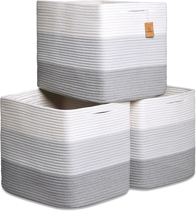 NaturalCozy 13x15x13 Kallax Storage Cubes Bins, 3 Pack | Cotton Rope Cube Storage Bin Woven Baskets for Organizing | Kallax Insert Storage Baskets for Shelves Organizer, Kids Toy, Closet Baby Nursery