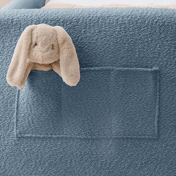 Twin Size Upholstered Platform Bed with Safety Guardrail and Cute Rabbit Ear Shaped Headboard, Boucle Fabric Montessori Kids Bed with Pocket and Sturdy Slats Support (Baby Blue-7.24)