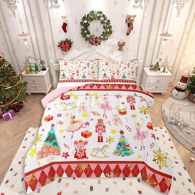 Feelyou Christmas Comforter Set All Season Ballet Nutcracker Bedding Set with 1 Pillow Cases Snowflake Kids Toddler Bedclothes Bedroom Decor Duvet Quilt Breathable Soft Lightweight