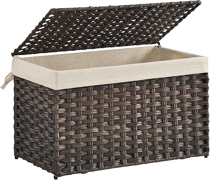 SONGMICS Storage Basket with Lid, 17.2 Gallon (65L) Storage Bin, Woven Blanket Storage Basket with Handles, Foldable, Removable Liner, Metal Frame, for Bedroom, Laundry Room, Brown URST56BR