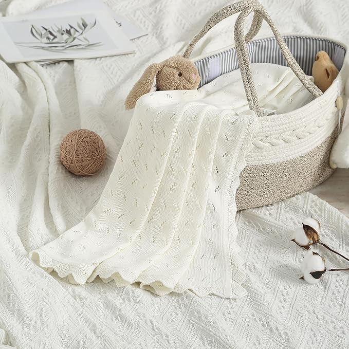 Baby Blanket 100% Cotton Knit Swaddle Soft Newborn Receiving Blanket Cozy for Boy/Girl Crib,Stroller White 40x30in