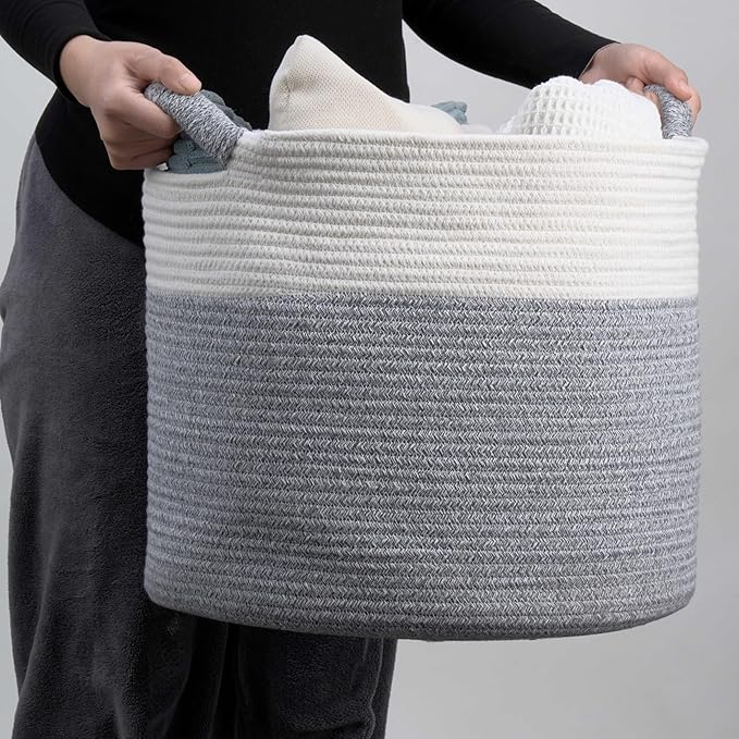 Blanket Basket - Woven Round Rope Storage Basket (16"Wx14"H) for Blankets & Throws, Small Laundry & Toy Organizer, Decorative Living Room & Bedroom Cotton Basket - White & Gray