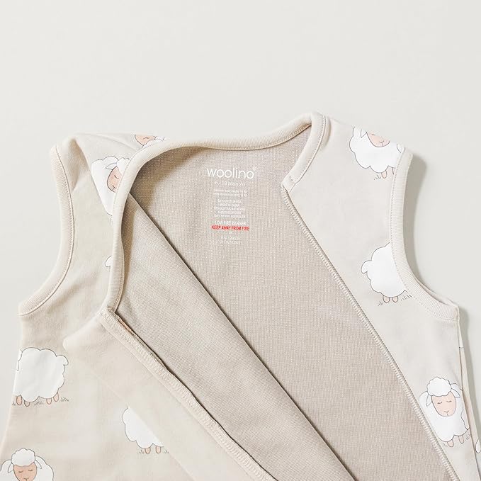 Woolino Merino Wool and Organic Cotton Baby Sleeping Bag - 4 Season Classic Sleep Sack - Two-Way Zipper Sleeping Bag for Baby and Toddler - 6-18 Months - Sheep