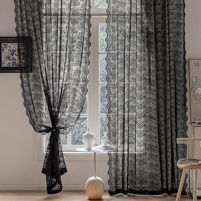Anmao Vintage Lace Curtains 72 Inches Long 2 Panels Set, Romantic Elegant Light Filtering Semi Sheer Floral Thick Lacy Curtain Drapes for Living Room and Bedroom, Each Panel 55W x 72L, Black