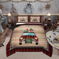 Snowflake Deer Red Plaid Comforter Set with 2 Pillowcases,Rustic Farmhouse Brown Wooden Super Soft Microfiber Bedding Set for Adults Teens,Christmas Plaid Truck Duvet Set for Room Decor,King