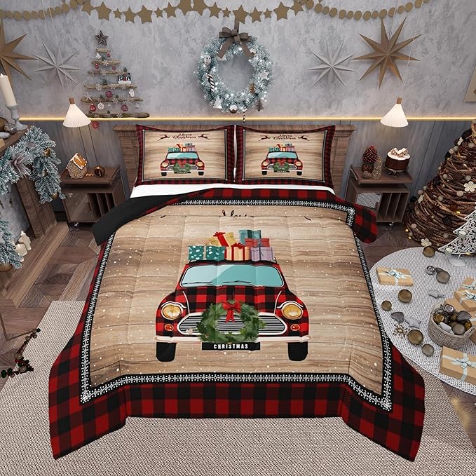 Rustic Farmhouse Brown Wooden 3 Pcs Queen Size Comforter Set,Snowflake Deer Red Plaid Down Alternative Adults Room Decor,Christmas Plaid Truck Ultra Soft Microfiber Inner Fill 3Pcs Bedding
