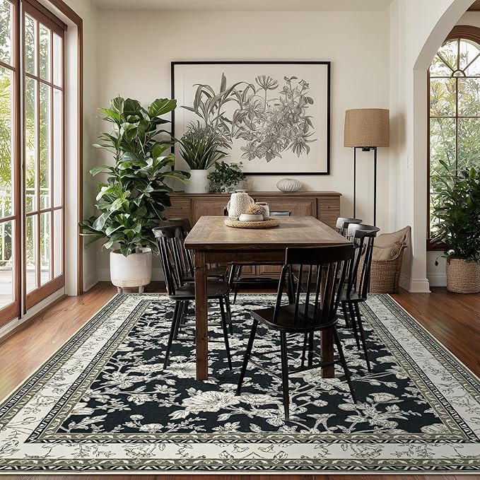 Black Boho Living Room Rug 5x8, Washable Low Pile Non Slip Area Rugs for Bedroom, Dining Room, Office, Farmhouse Retro Carpet Indoor Cream Beige Taupe Pattern Aesthetic Sketch Style Vintag Room Decor