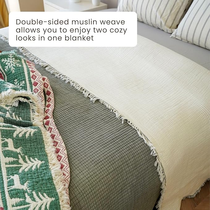 Christmas Muslin Comforter – Cotton Muslin Blanket with Soft Fiber Filling, Breathable & Cozy Muslin Throw Blanket, Reversible Holiday Quilt (Sage Gray, King (U.S. Standard))
