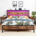Full Size Bed Frame with LED Lights & Charging Station, Bed Frame Full with Headboard,13" Under Bed Storage, Noise-Free Heavy Duty Metal Support, Modern Brown