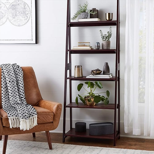 Amazon Basics Ladder Bookshelf Organizer, 5-Tier, Solid Rubberwood Frame, Walnut Finish, 14" D x 24.8" W x 70.1" H