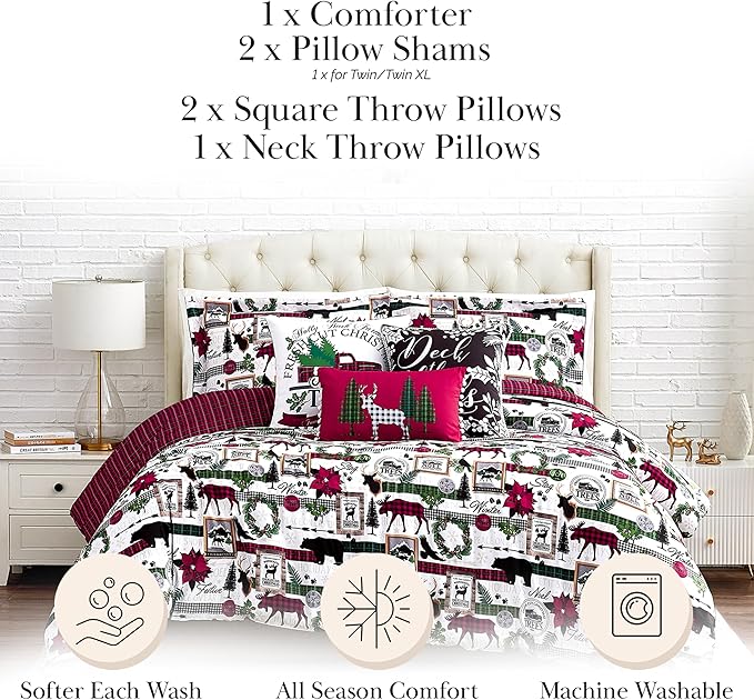 Southshore Fine Living, Inc. Merry Town Christmas Comforter Set, King/Cal King Size Christmas Bedding Set, 6-Piece w/Shams & Holiday Throw Pillow; Reversible Red Plaid Comforter & Rustic Cabin Print
