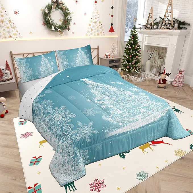 Castle Fairy Merry Christmas Full Size Comforter Set,Glitter Xmas Trees Shiny Light Decor Bedding Comforters Bedroom Collection,Blue Shiny Stars Snowflake Bedding Set for Girls Teens