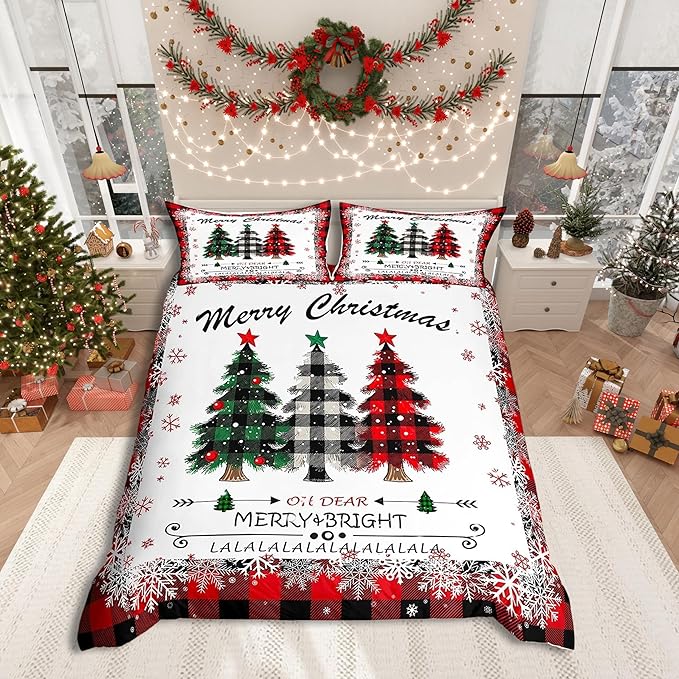 Manfei Xmas Tree Duvet Cover Set Queen Size, Merry Christmas Comforter Cover with 2 Pillowcases, New Year Theme Plaid Print Bedding Set 3pcs for Kids Boys Girls Bedroom Decor,No Comforter