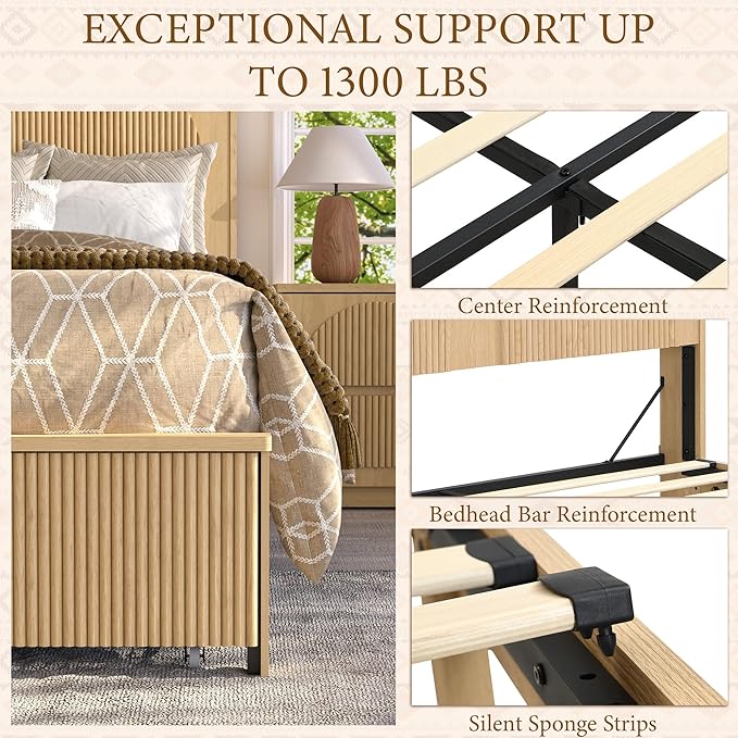 XIAOWEI Fluted Full Size Bed Frame with 52.4" Tall Headboard & 2 Storage Drawers,Sturdy Wooden Frame with Underbed Storage,No Box Spring Needed Platform Bed,Easy Assembly Low Profile Bed Frame,Natural