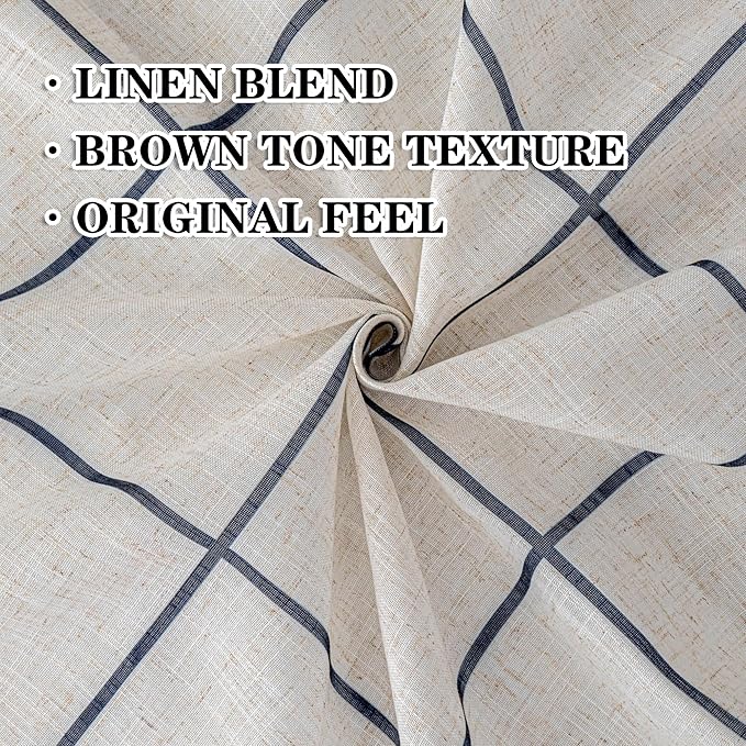 MYSKY HOME 100% Blackout Navy Blue Plaid Linen Curtains 63 Inches Long Windowpane Pattern Double Layer Farmhouse Thermal Insulated Drapes with Rod Pocket Back Tab for Bedroom, 2 Pcs, 52" Wide