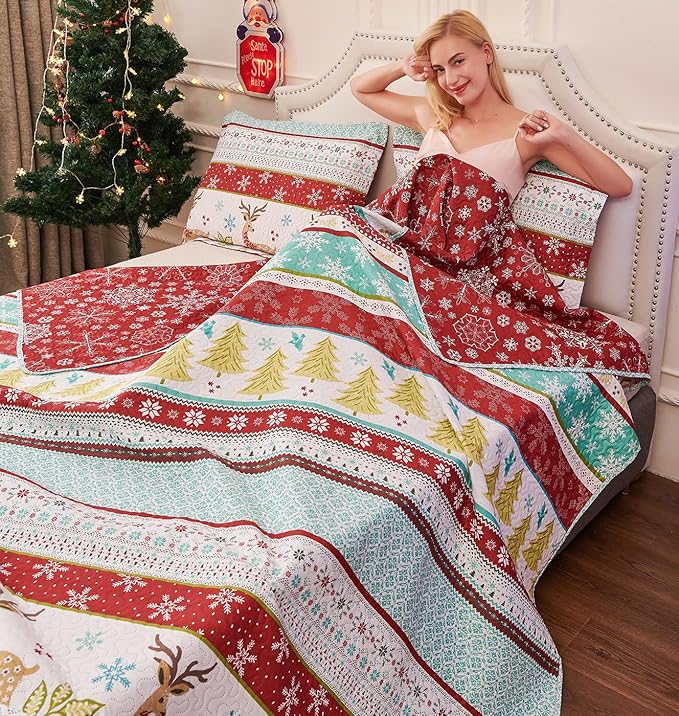 Jessy Home King Size Christmas Quilt Bedding Set: Rustic Lodge Deer Snowflake Cabin Home Holiday Decor Christmas Quilt Bedspread Coverlet