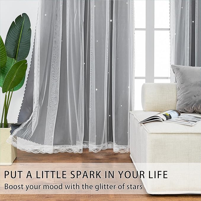 XiDi Star Curtains for Bedroom,Curtains for Girls Bedroom Decor,Kids Curtains 2 Panel Set,Blackout Curtains for Living Room Curtains 63 inches Long 2 Panel Grey