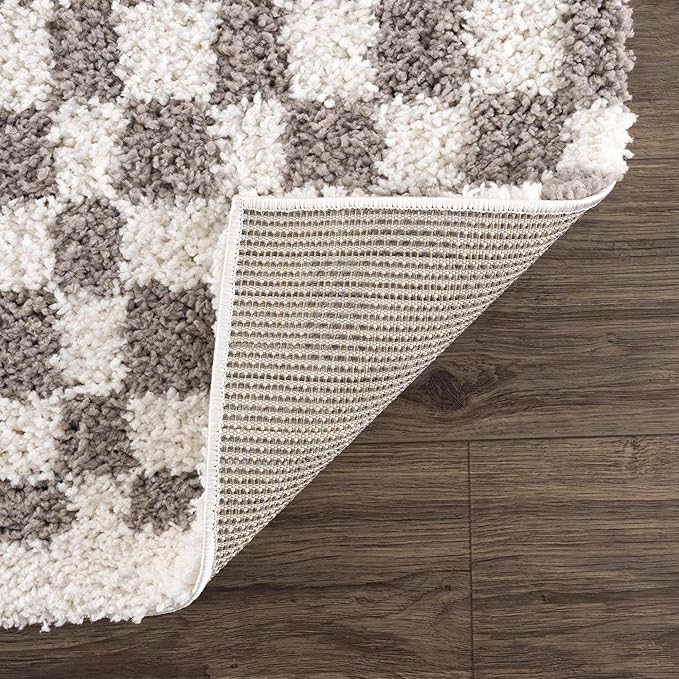 Hauteloom Kieu Contemporary Checkered Fluffy Shag Area Rug - Modern Geometric Soft Carpet Tiles for Living Room, Kids Room, Nursery - Gray, Light Grey, White - 5'3" x 7'