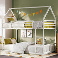 LIKIMIO Bunk Bed Twin XL Over Twin XL, Metal Bunk Bed Frame with Ladder and Guardrail, House Shaped with Metal Slats for Dormitory and Bedroom, Space Saving, No Box Spring Needed, White