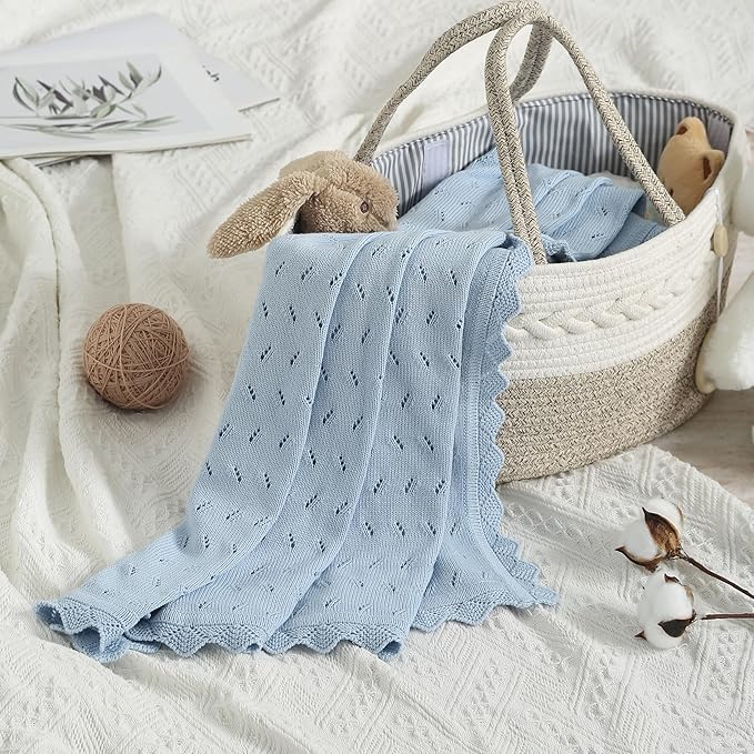Baby Blanket 100% Cotton Knit Swaddle Soft Newborn Receiving Blanket Cozy for Boy/Girl Crib,Stroller Blue 40x30in