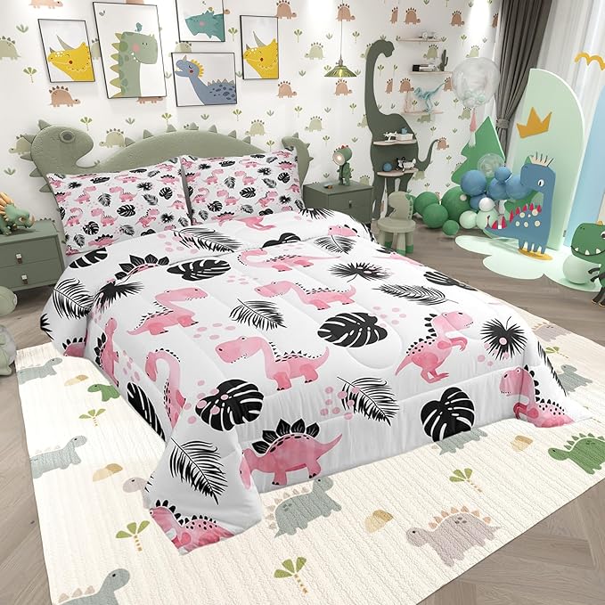 Cartoon Pink Dinosaur Bedding Set for Boys Girls,Palm Leaf Tropical Plants All Season Cozy Comforter Set Full Size,Watercolor Cute Animals Duvet Set Bedroom Decor,Festival Gifts