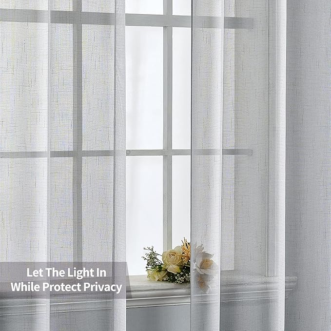 MIULEE 2 Panels Natural Linen Semi Sheer Window Curtains Elegant Solid Light Grey Drapes Grommet Top Window Voile Panels Linen Textured Panels for Bedroom Living Room (52X96 Inch)