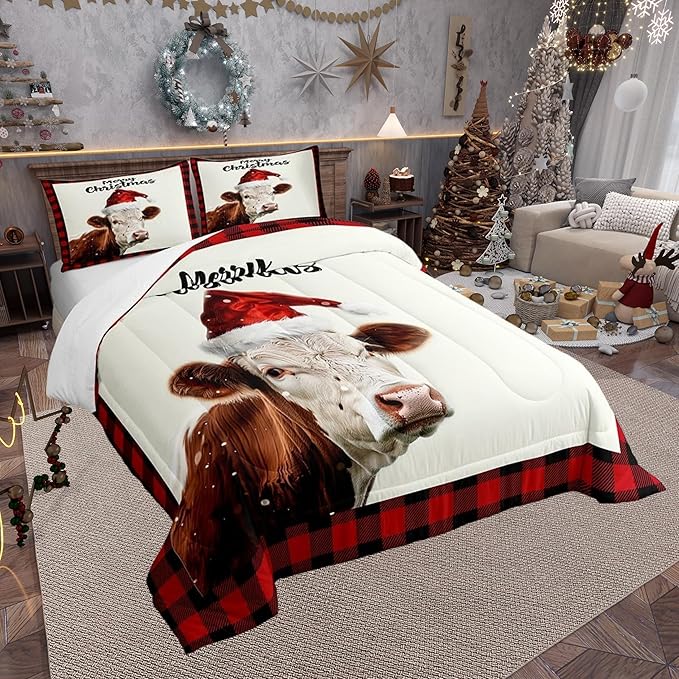 Christmas Farmhouse Twin Size Comforter Set for All Seasons,Xmas Cow Cattle Animal Bedding Set Teens Bedroom Decor,Vintage Cabin Red Plaid Comforter Inner Fill with 1 Pillowcase