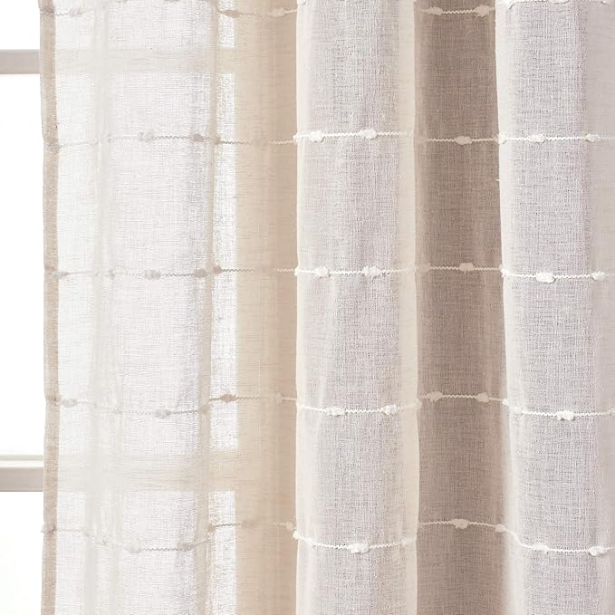 Lush Decor Farmhouse Textured Grommet Sheer Window Curtain Panel Pair, 38"W x 63"L, Beige