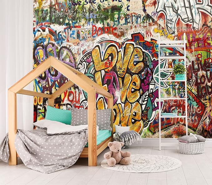 XMPMBM-Graffiti Art backsplash Large Decorative Wallpaper Colorful Alphabet Bedroom Bathroom Wall Mural- W 132" X H 92"（93 Square Foot）